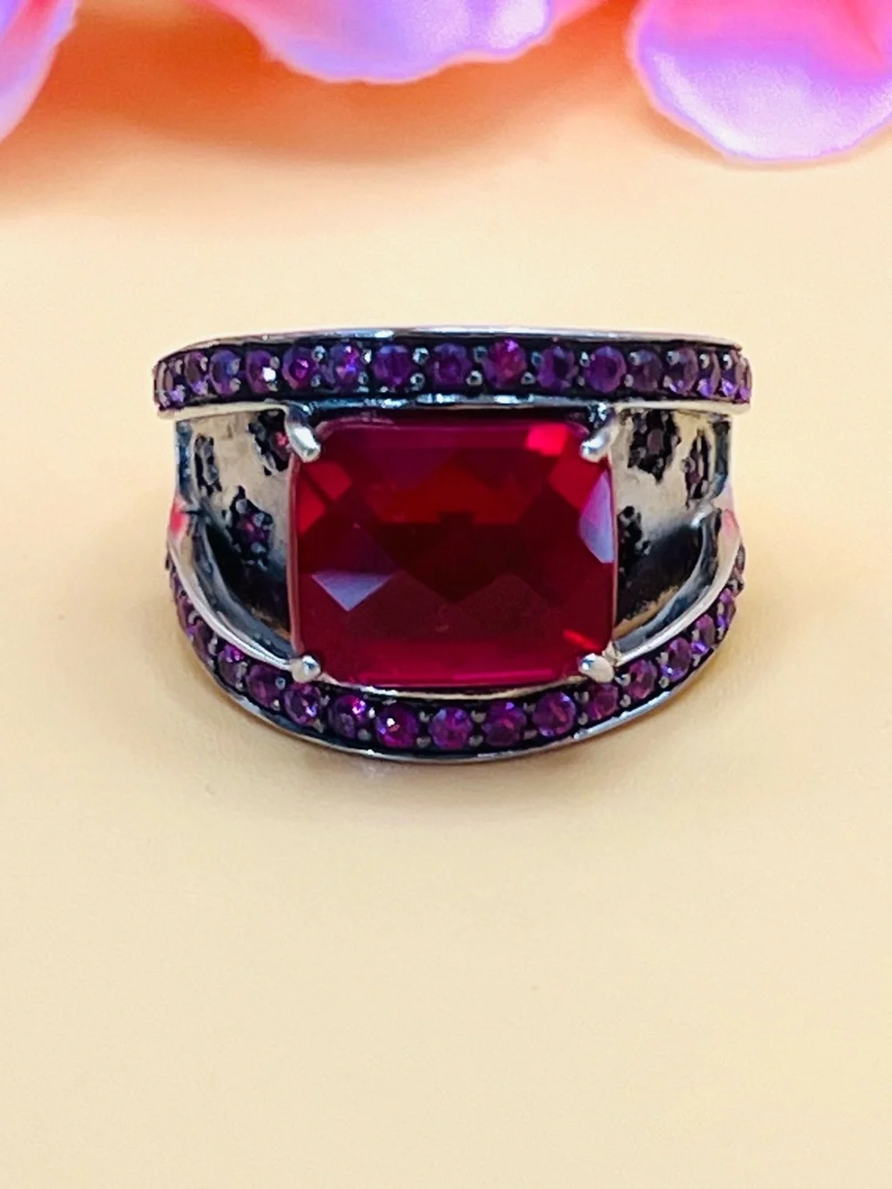 Sterling Silver Pink/Red Statement Ring with Square Gem size 7.5